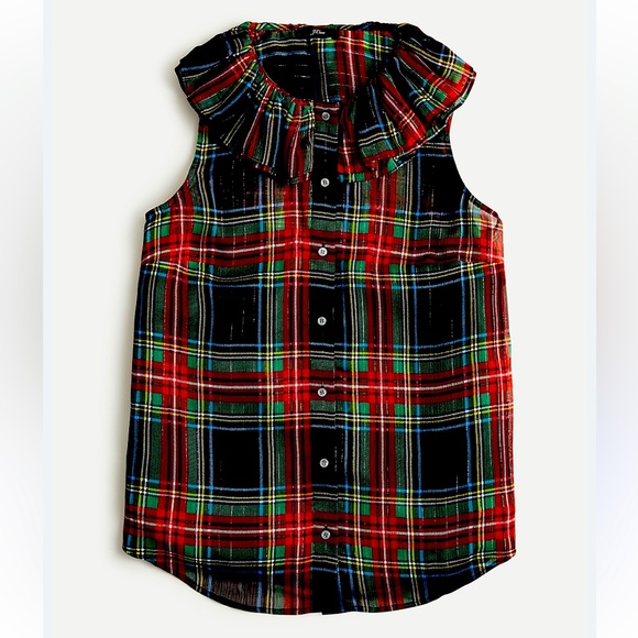 J. Crew Tops - JCREW Plaid Holiday Top Sleeveless Ruffle Collar Black Stewart Tartan Cami Lined